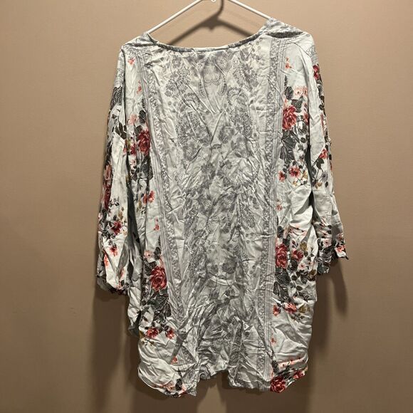 Angie Women's White Pink Floral Kimono Open Cardigan S Flowy Boho Cottage Blooms - Picture 3 of 10
